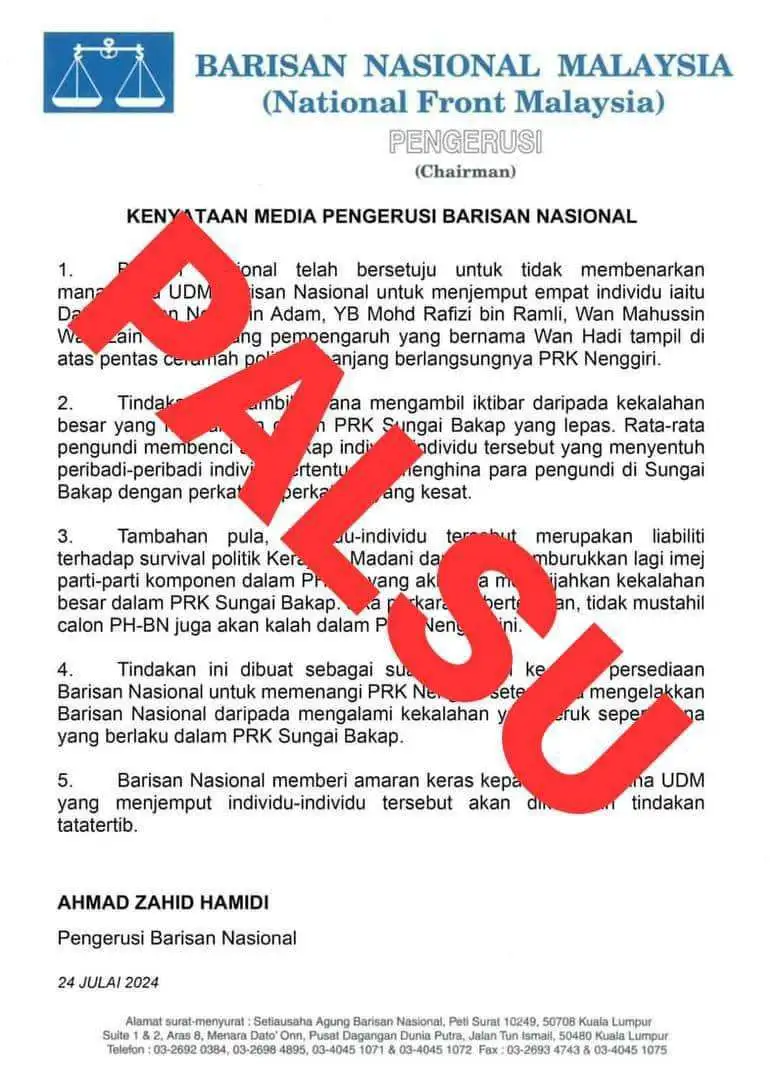BN nafi keluar kenyataan tidak benar Rafizi tampil di PRK Nenggiri