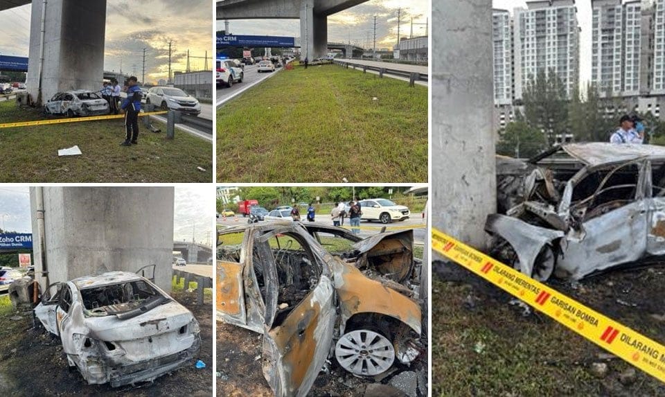 Pemandu rentung, kereta terbakar langgar tiang MRT