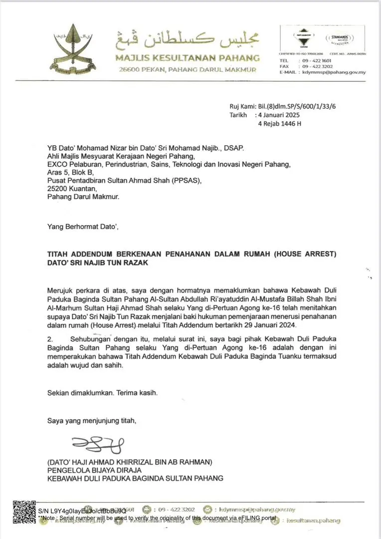 Surat Istana Pahang pengesahan kewujudan titah adendum Najib tular