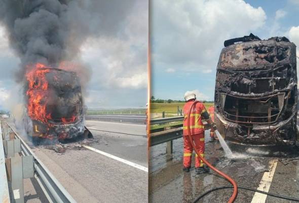 Bas persiaran dalam perjalanan ke bengkel terbakar